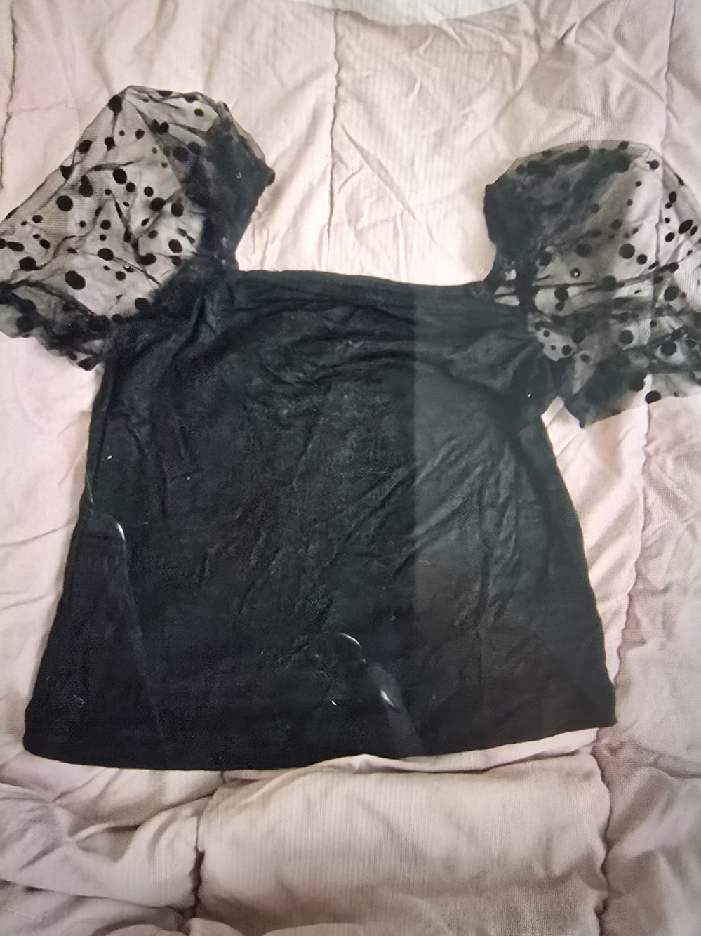 Black Puff-Sleeve Mesh Polka Dot Crop Top